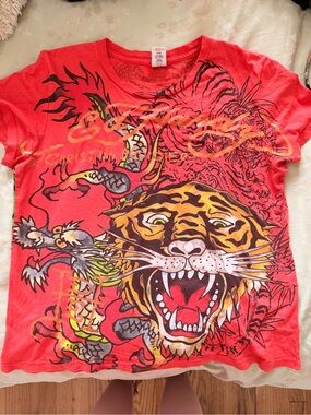Ed Hardy Red Tee with Graphic Tiger and Dragon